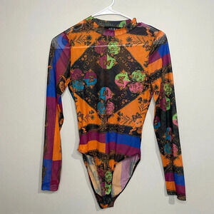 Akira Colorful Geometric Butterfly Print Mesh Mock Neck Long Sleeve Bodysuit